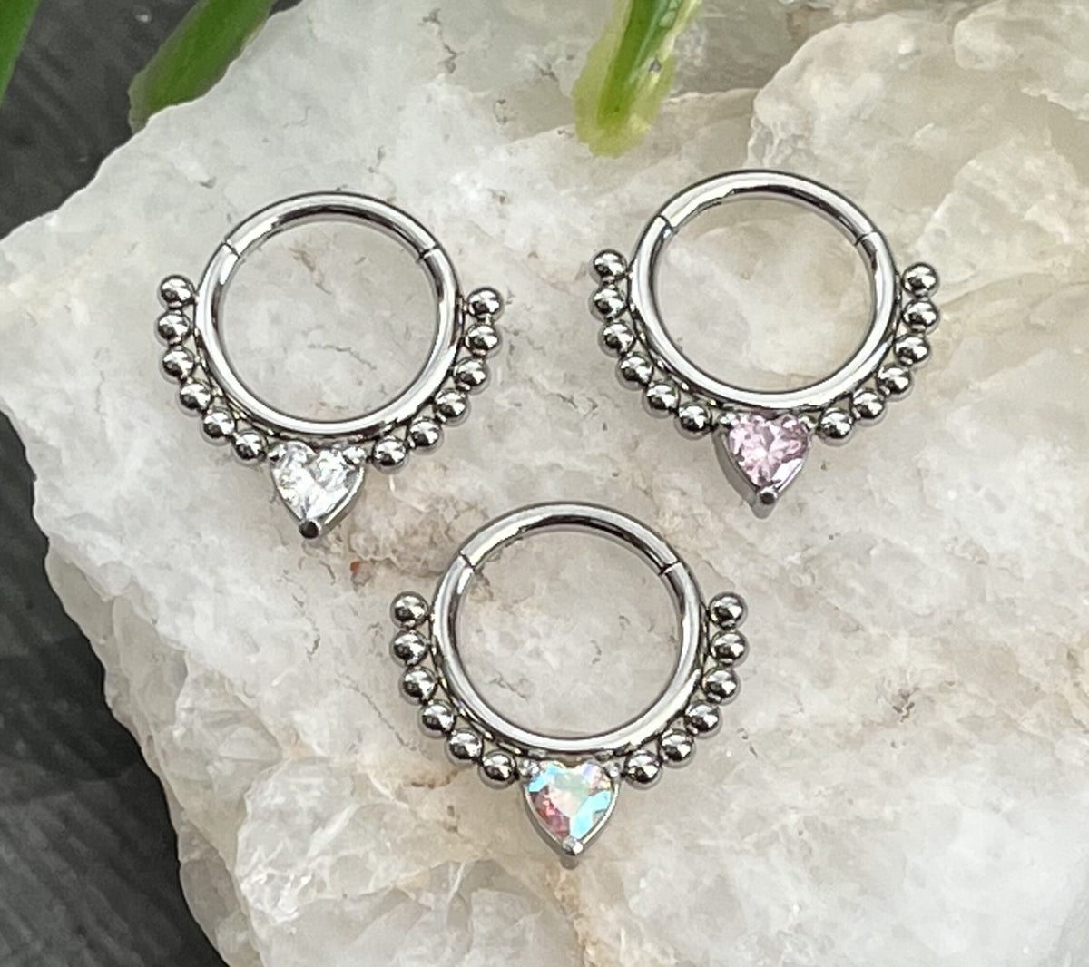1 Piece of Stunning CZ Gem Heart Lined with Steel Balls Hinged Segment Septum Ring - 16g, 8mm - Aurora Borealis, Clear & Pink Available!
