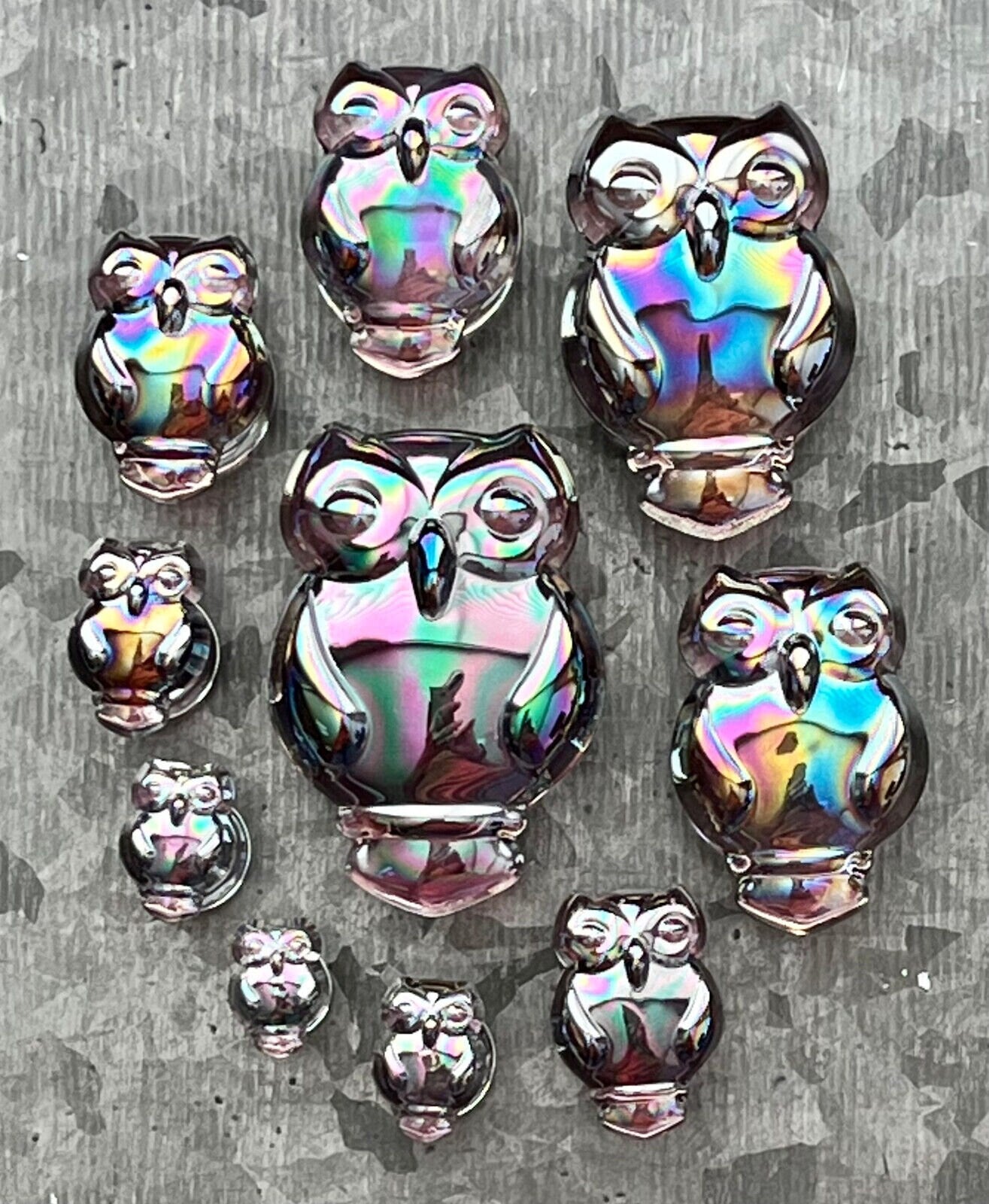 Pair of Stunning Aurora Borealis Owl Design Pyrex Glass Plugs - Gauges 2g (6mm) through 1" (25mm) - Orange or Purple Available!