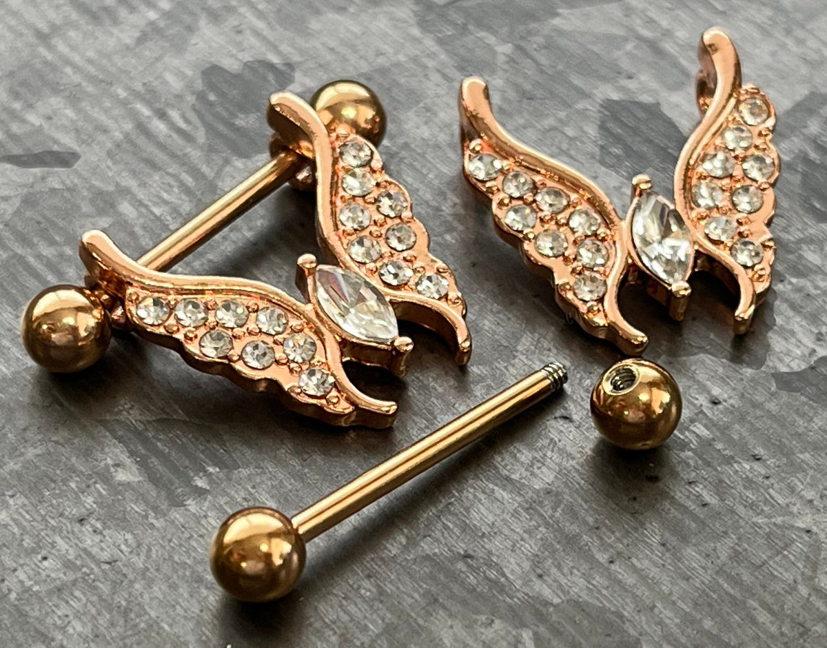 PAIR of Crystal Gem Paved Butterfly Dangle Nipple Rings- 14g - Length 14mm - Aurora Borealis, Clear, Gold, Rose Gold or Vitrial Medium!