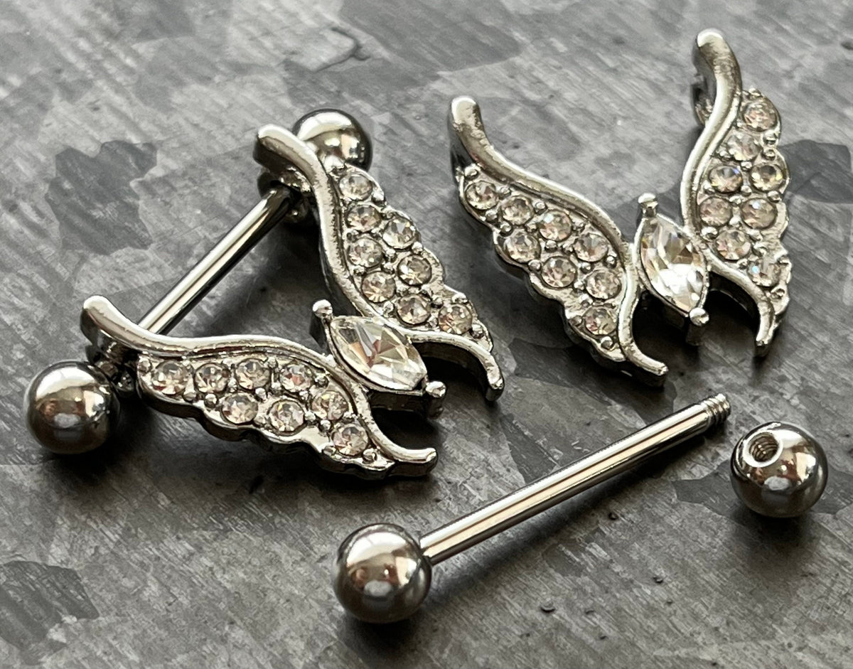PAIR of Crystal Gem Paved Butterfly Dangle Nipple Rings- 14g - Length 14mm - Aurora Borealis, Clear, Gold, Rose Gold or Vitrial Medium!