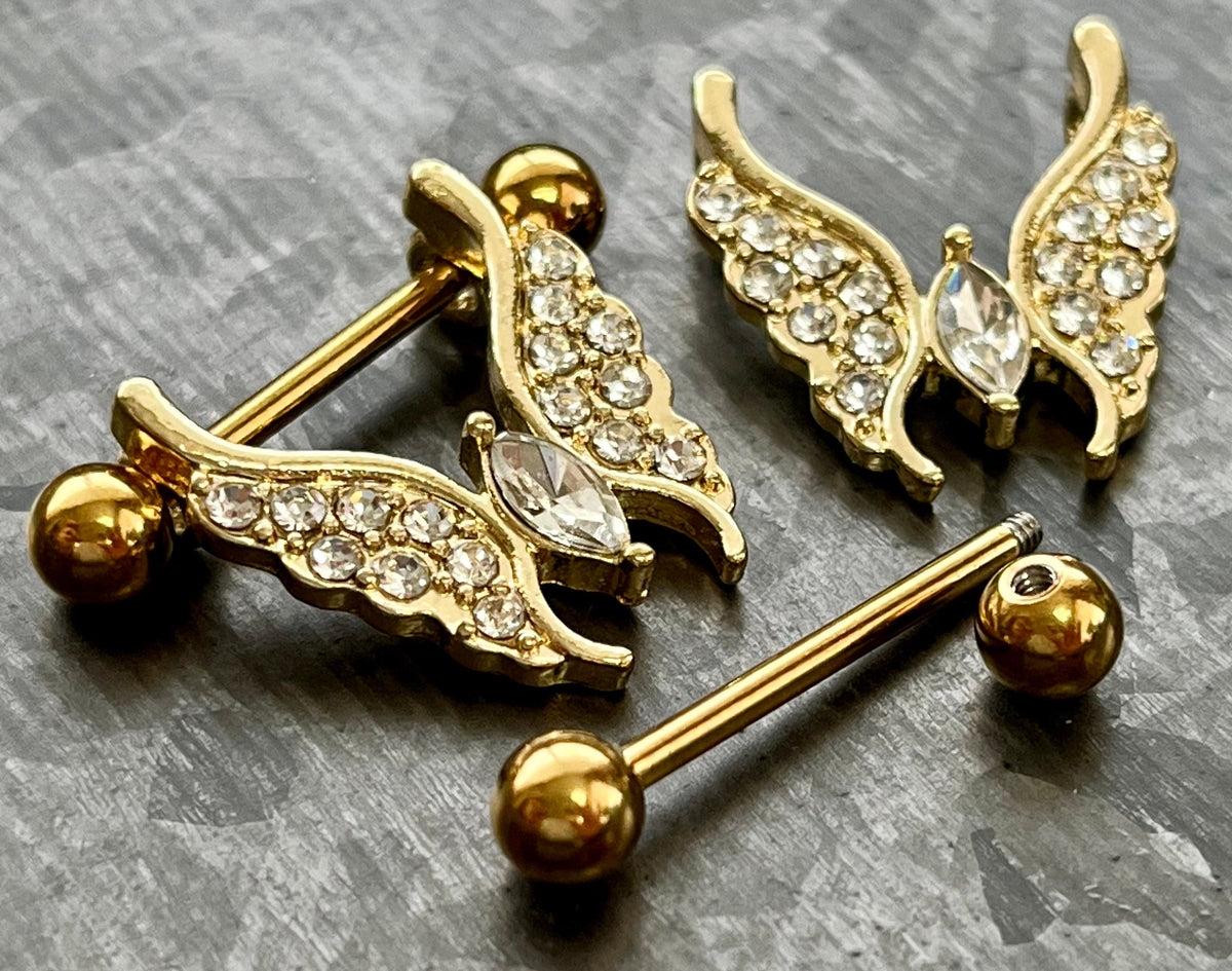 PAIR of Crystal Gem Paved Butterfly Dangle Nipple Rings- 14g - Length 14mm - Aurora Borealis, Clear, Gold, Rose Gold or Vitrial Medium!