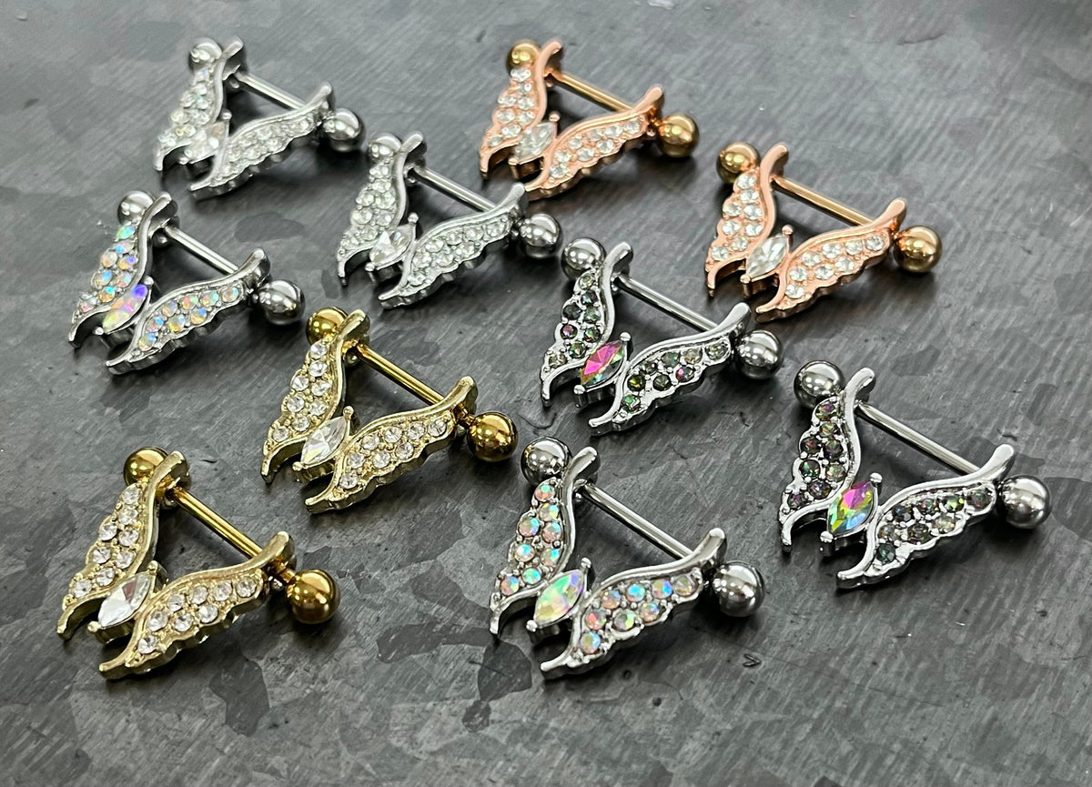PAIR of Crystal Gem Paved Butterfly Dangle Nipple Rings- 14g - Length 14mm - Aurora Borealis, Clear, Gold, Rose Gold or Vitrial Medium!