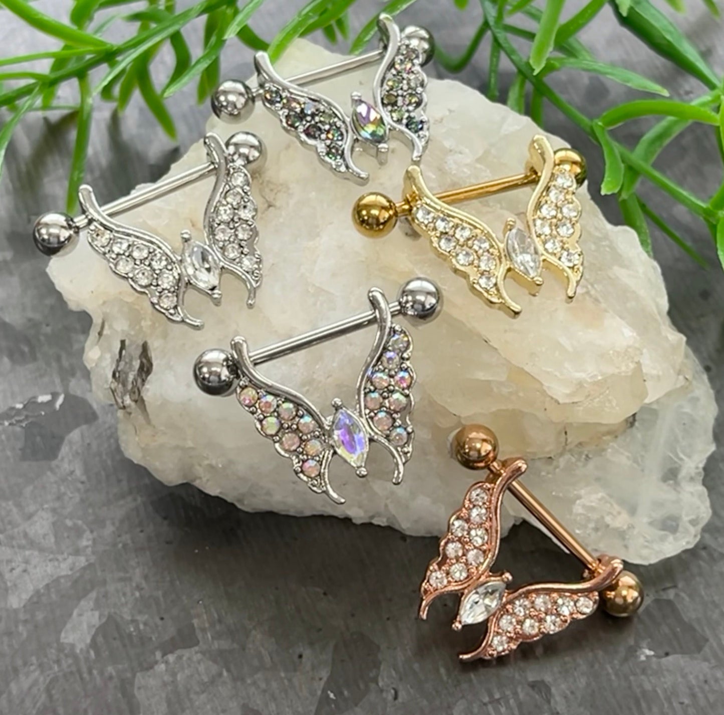 PAIR of Crystal Gem Paved Butterfly Dangle Nipple Rings- 14g - Length 14mm - Aurora Borealis, Clear, Gold, Rose Gold or Vitrial Medium!