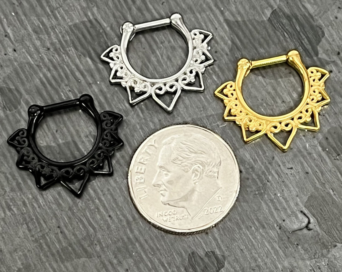 1 Piece Beautiful 100% Surgical Steel Tribal Heart Fan Clicker Septum Ring - 16g - Internal Diameter 8mm -Gold, Rose Gold & Steel Available!