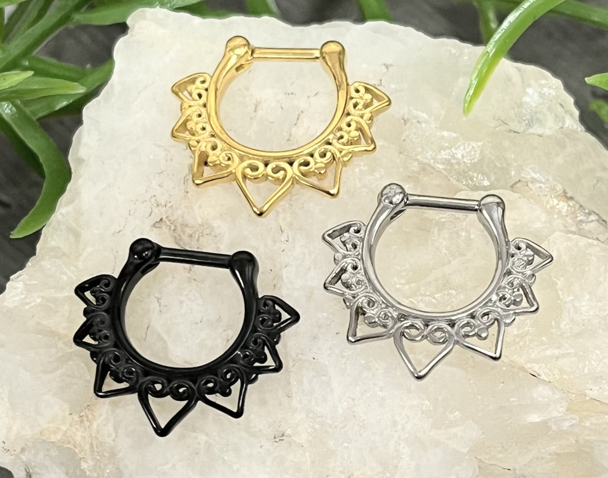 1 Piece Beautiful 100% Surgical Steel Tribal Heart Fan Clicker Septum Ring - 16g - Internal Diameter 8mm -Gold, Rose Gold & Steel Available!