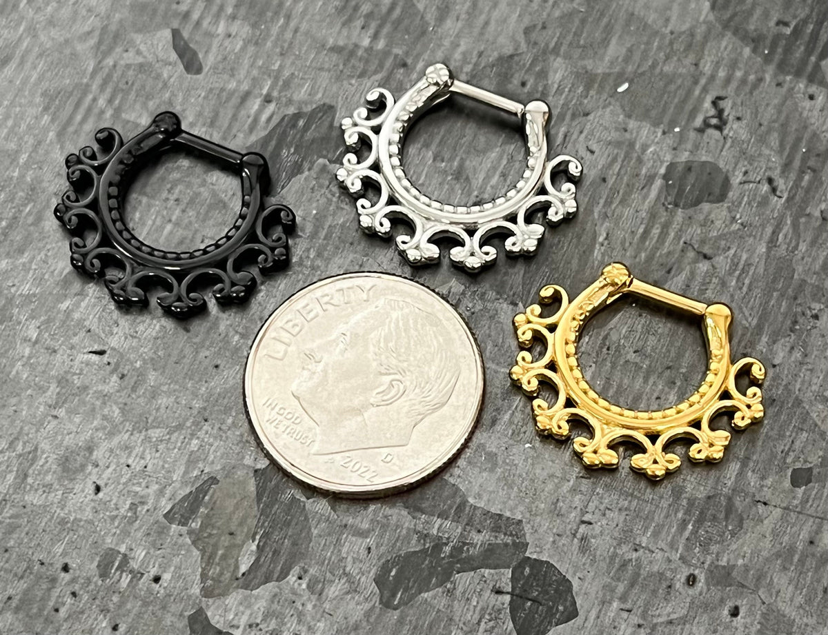 1 Piece Stunning 100% Surgical Steel Laced Edge Clicker Septum Ring- 16g -Internal Diameter 8mm -Gold, Rose Gold, Rainbow & Steel Available!