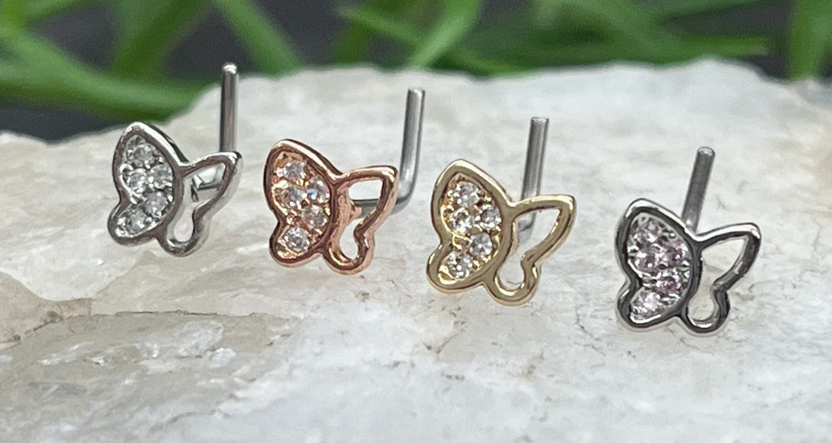1 Piece Unique CZ Paved Butterfly L-Bend 316L Surgical Steel Nose Ring/Stud - 20g - Steel, Steel/Pink, Gold and Rose Gold Available!