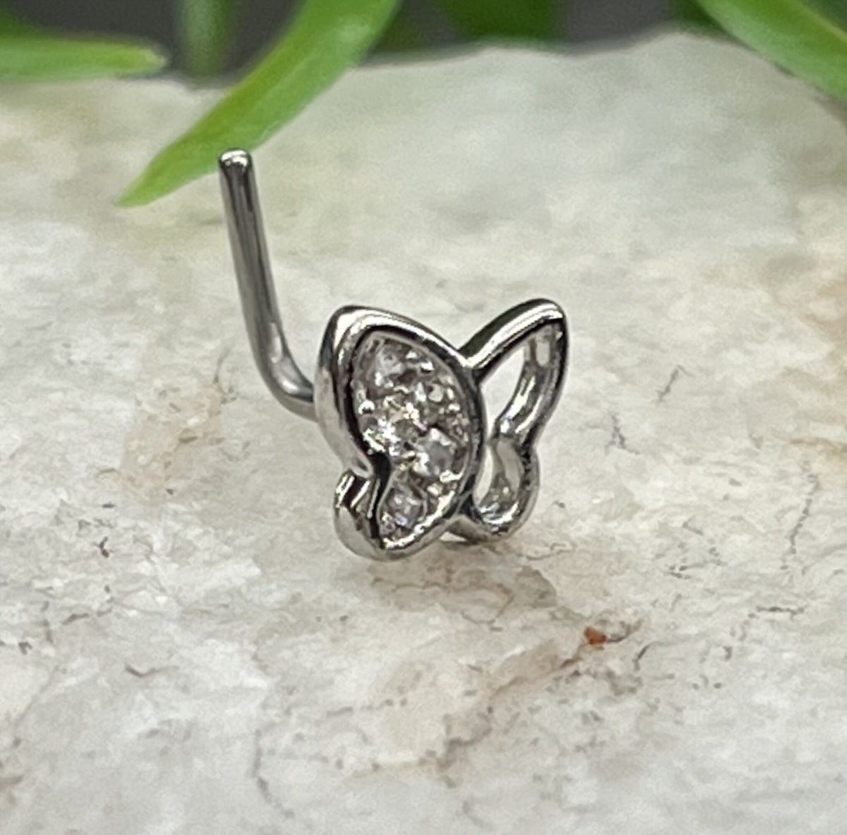 1 Piece Unique CZ Paved Butterfly L-Bend 316L Surgical Steel Nose Ring/Stud - 20g - Steel, Steel/Pink, Gold and Rose Gold Available!