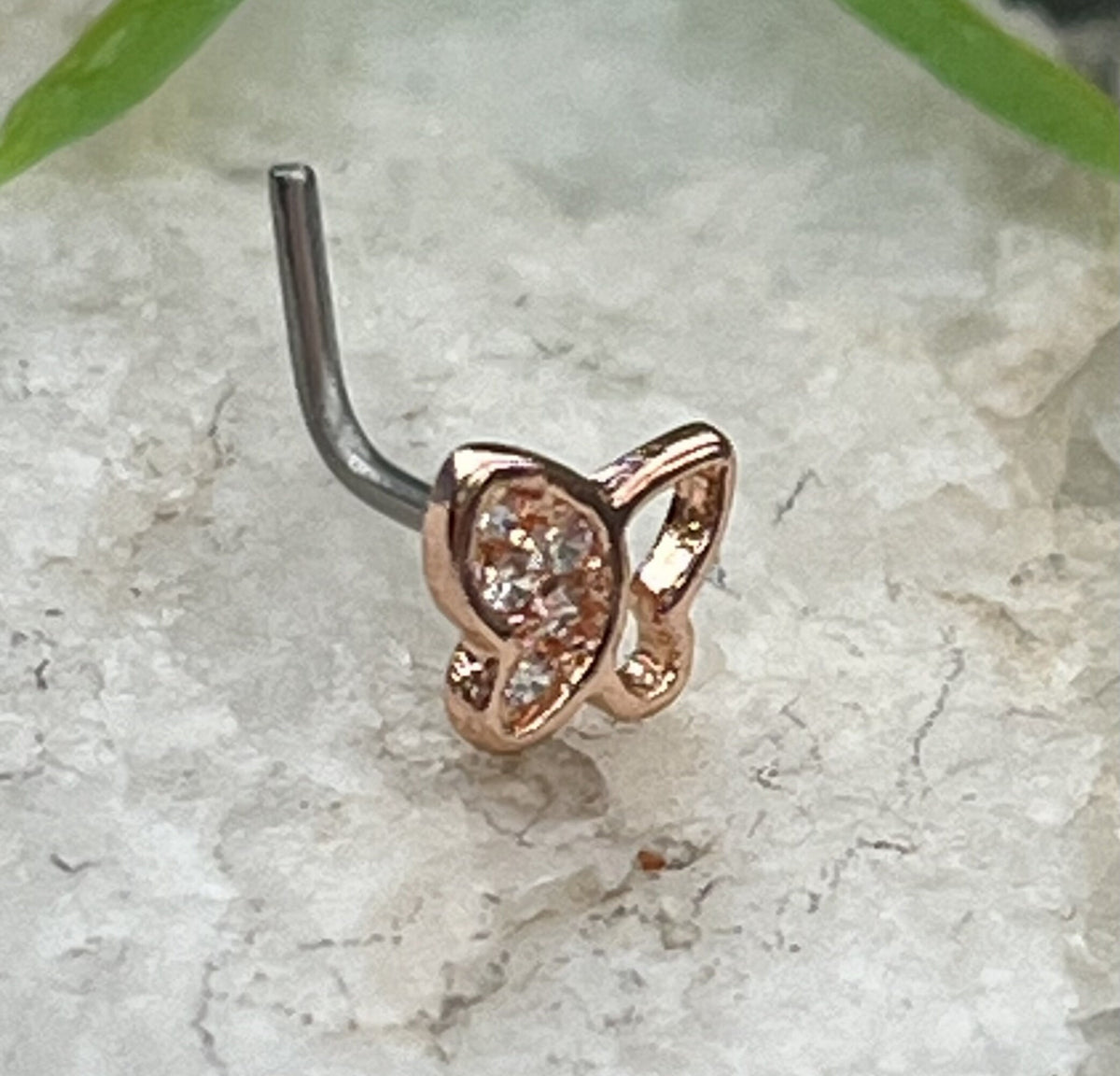1 Piece Unique CZ Paved Butterfly L-Bend 316L Surgical Steel Nose Ring/Stud - 20g - Steel, Steel/Pink, Gold and Rose Gold Available!