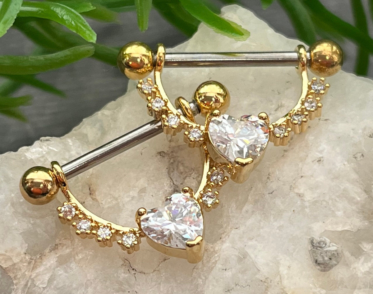 PAIR of Lined CZ Gems w/ Heart CZ Gem Steel Dangle Nipple Barbells/Shield - 14g, 12mm wearable length in Silver, Gold, Rose Gold & Pink