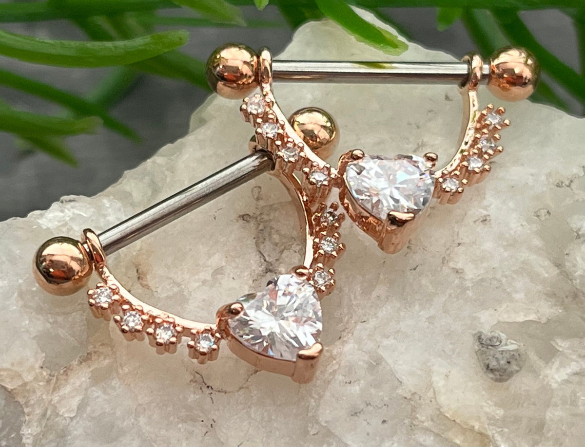 PAIR of Lined CZ Gems w/ Heart CZ Gem Steel Dangle Nipple Barbells/Shield - 14g, 12mm wearable length in Silver, Gold, Rose Gold & Pink