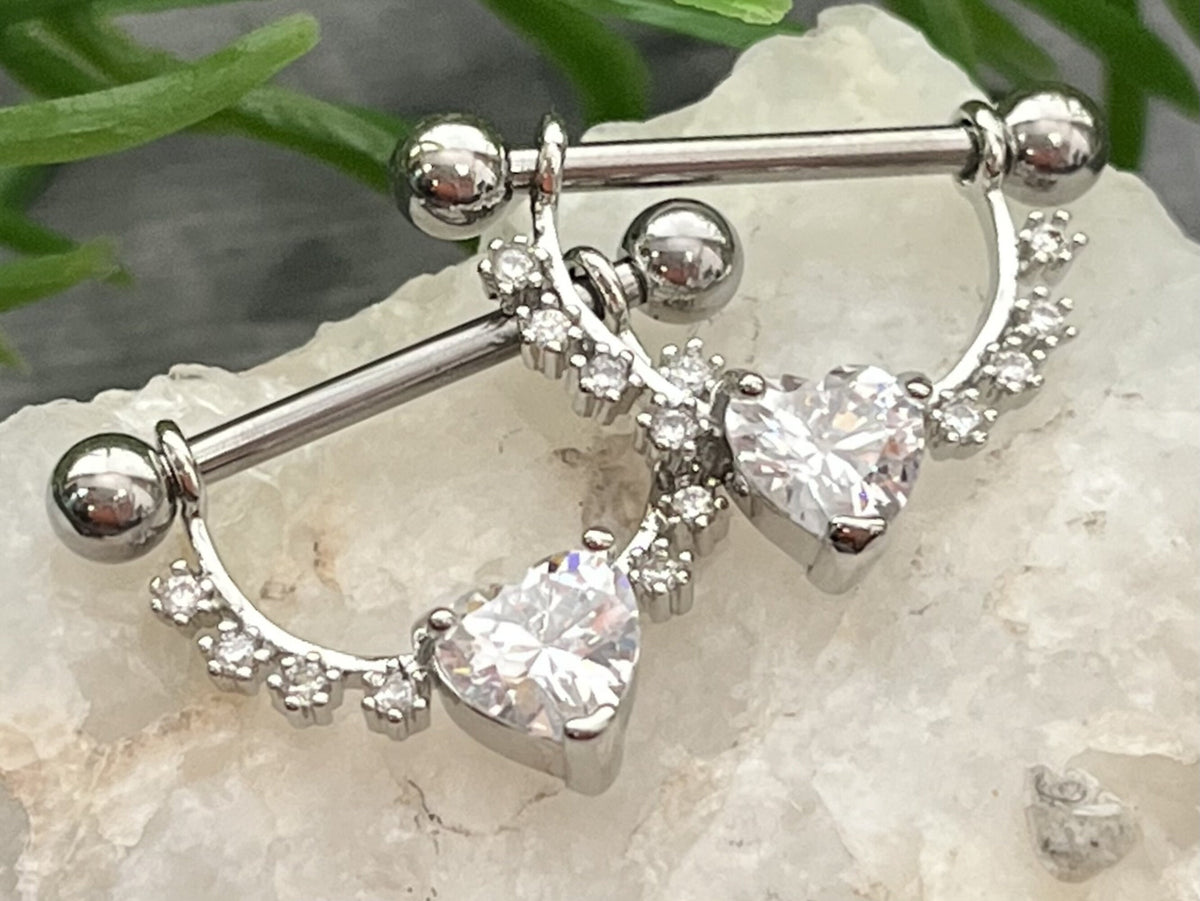 PAIR of Lined CZ Gems w/ Heart CZ Gem Steel Dangle Nipple Barbells/Shield - 14g, 12mm wearable length in Silver, Gold, Rose Gold & Pink