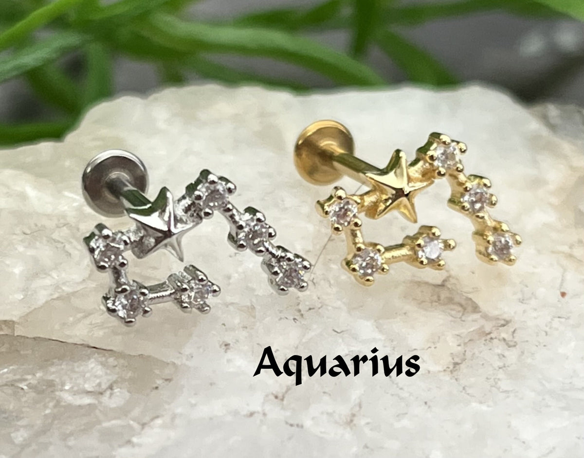 1 Piece Stunning CZ Gem Zodiac Constellation Internally Threaded Labret Monroe Stud -16g- Wearable Diameter 8mm - Gold & Silver Available!