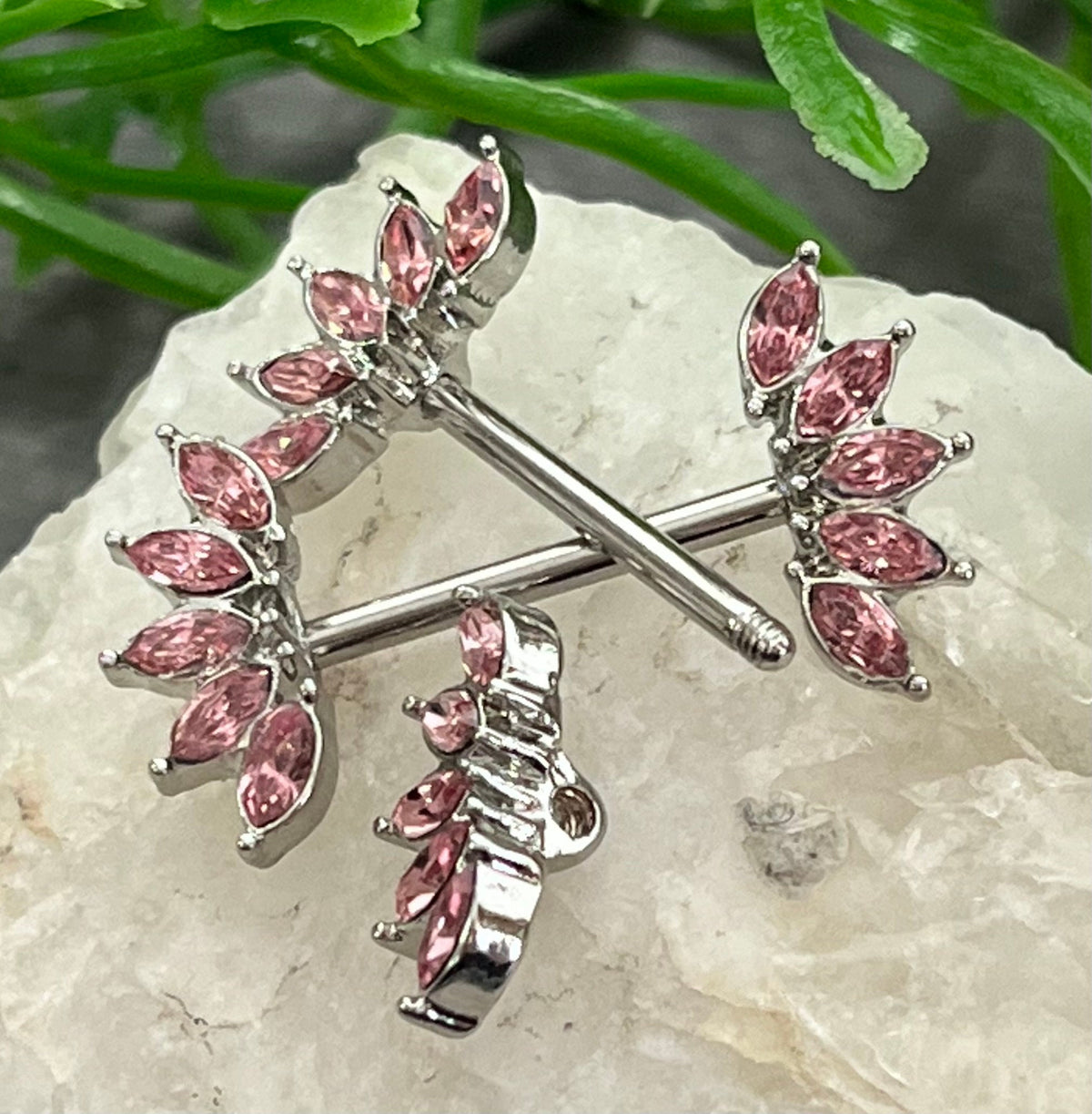 PAIR of Stunning Marquise Crystal Gem Fans Steel Nipple Barbells/Rings - 14g, 12mm Wearable Length in Aurora Borealis, Clear & Pink!