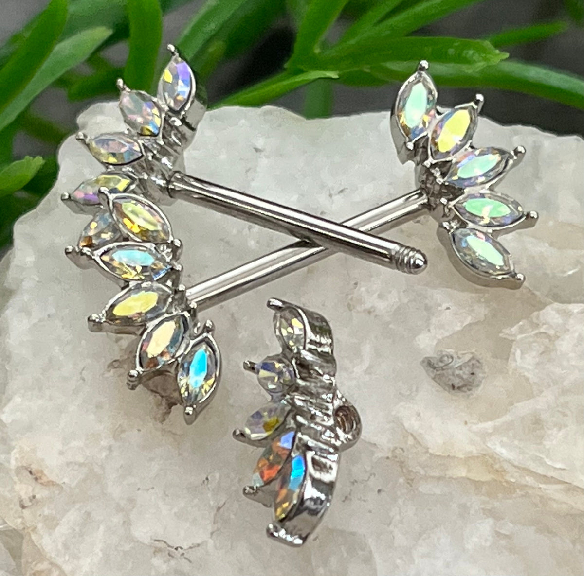PAIR of Stunning Marquise Crystal Gem Fans Steel Nipple Barbells/Rings - 14g, 12mm Wearable Length in Aurora Borealis, Clear & Pink!