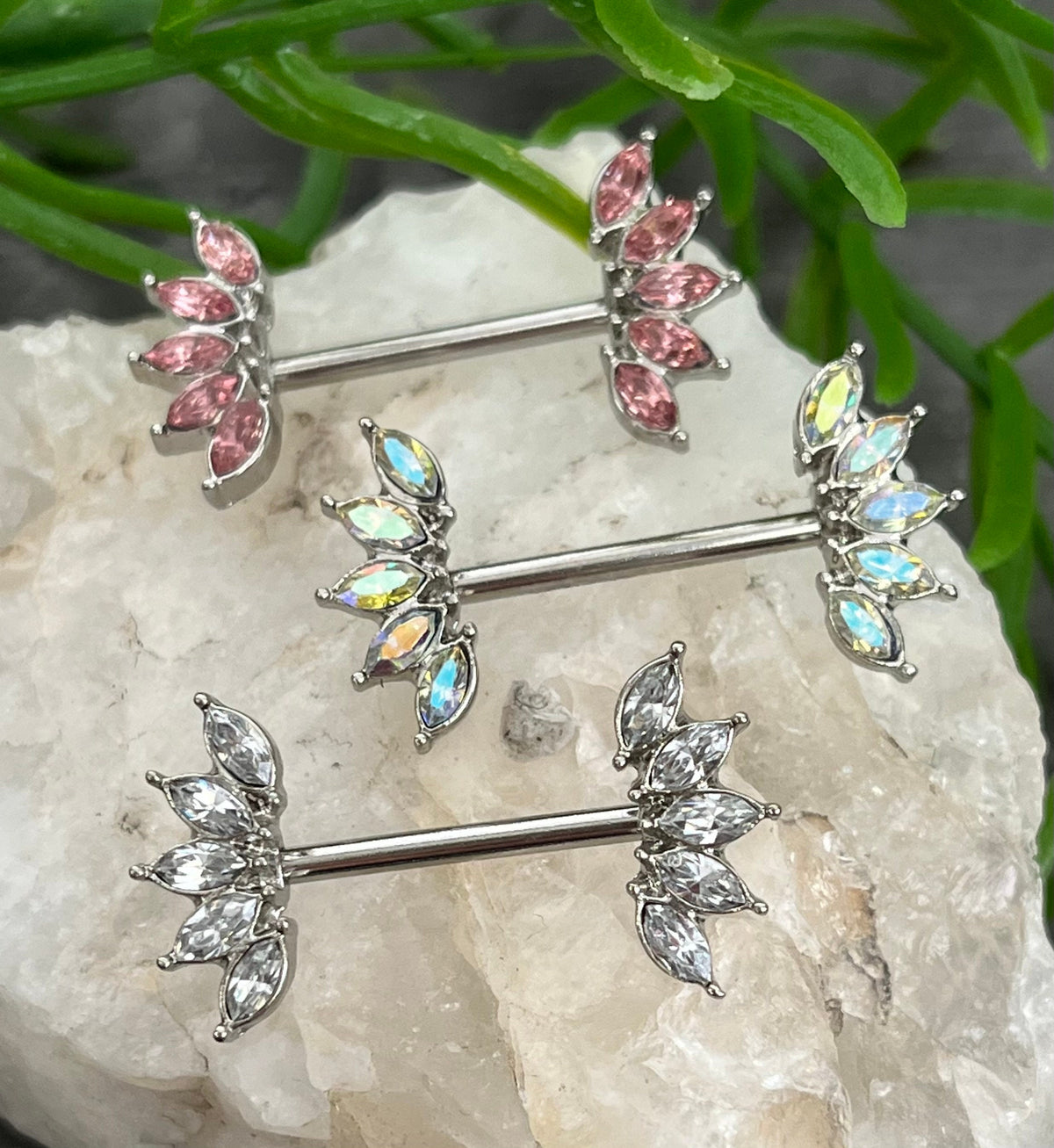 PAIR of Stunning Marquise Crystal Gem Fans Steel Nipple Barbells/Rings - 14g, 12mm Wearable Length in Aurora Borealis, Clear & Pink!