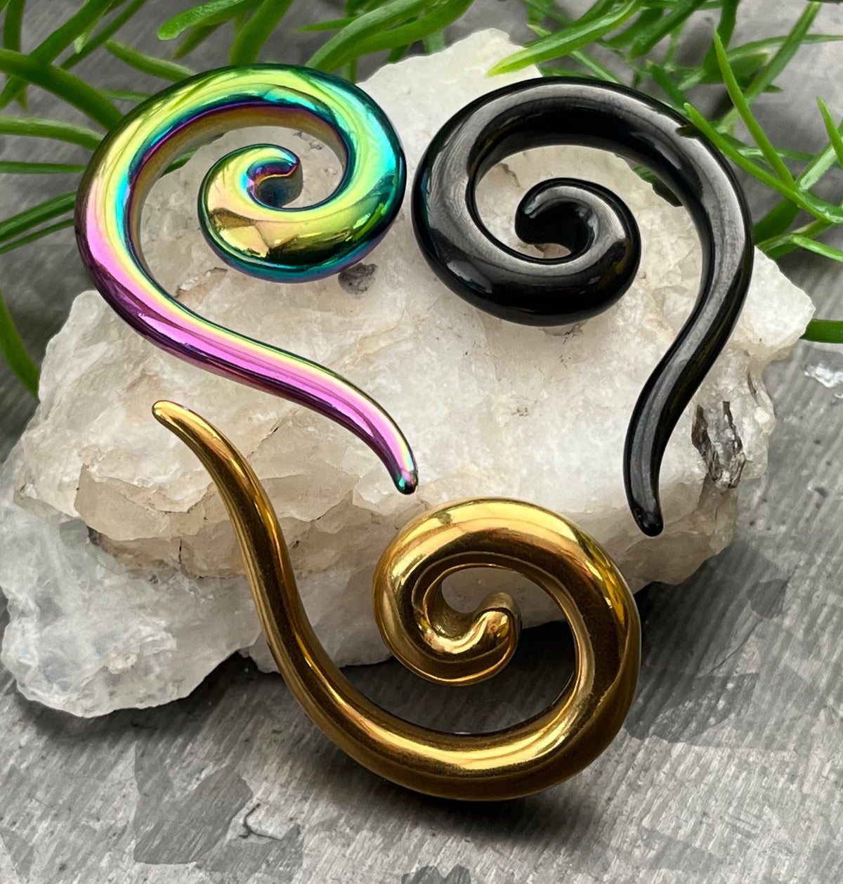 PAIR of Beautiful Surgical Steel Spiral Hanging Tapers Expanders - Black, Gold and Rainbow- Gauges 12g (2mm) thru 2g (6mm) available!