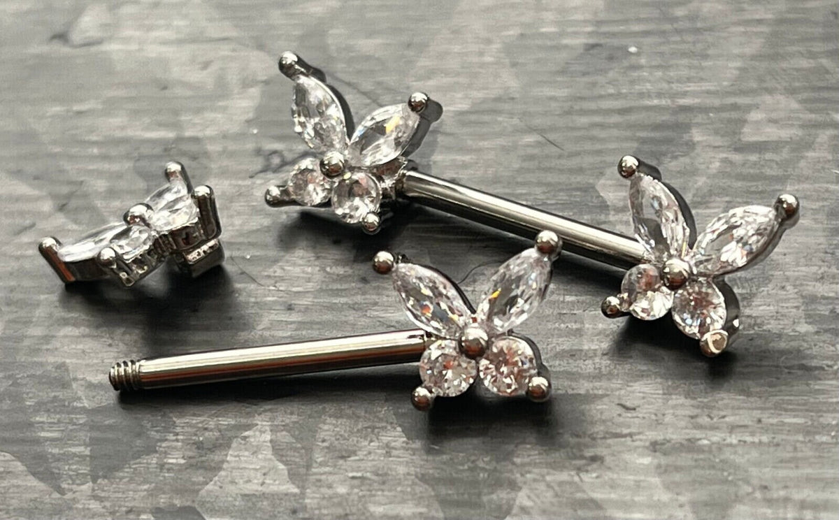 PAIR of Stunning CZ Gem Wings Butterfly Nipple Barbell/Rings - 14g - Wearable Length 10mm, Gold and Silver Available!