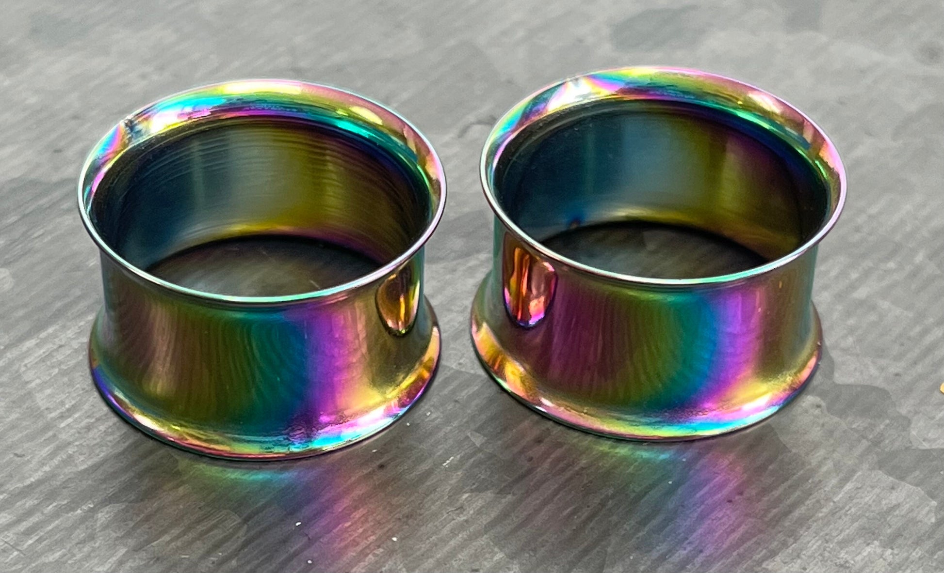 PAIR of Brilliant Rainbow Plated Steel Double Flare Tunnels/Plugs - Gauges - 8g (3mm) thru 1" (25mm) available!