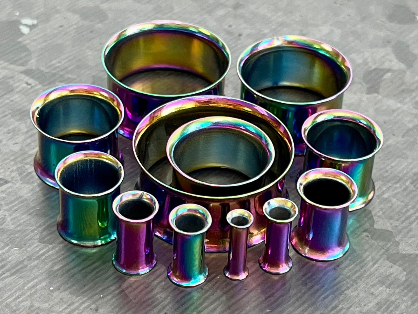 PAIR of Brilliant Rainbow Plated Steel Double Flare Tunnels/Plugs - Gauges - 8g (3mm) thru 1" (25mm) available!