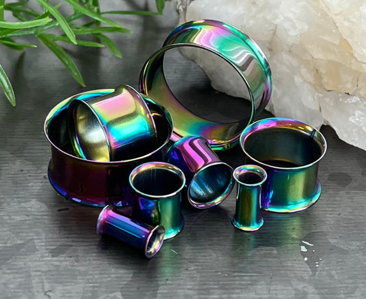 PAIR of Brilliant Rainbow Plated Steel Double Flare Tunnels/Plugs - Gauges - 8g (3mm) thru 1" (25mm) available!