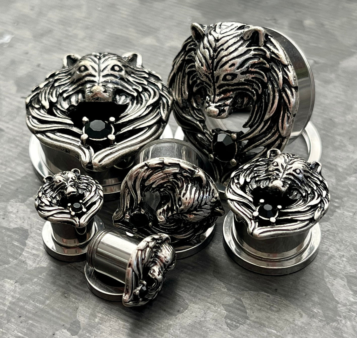 PAIR of Unique Angel Wing Wolf Face Screw Fit Steel with a Black Gem Tunnels/Plugs - Gauges 2g (8mm) thru 1" (25mm) Available!