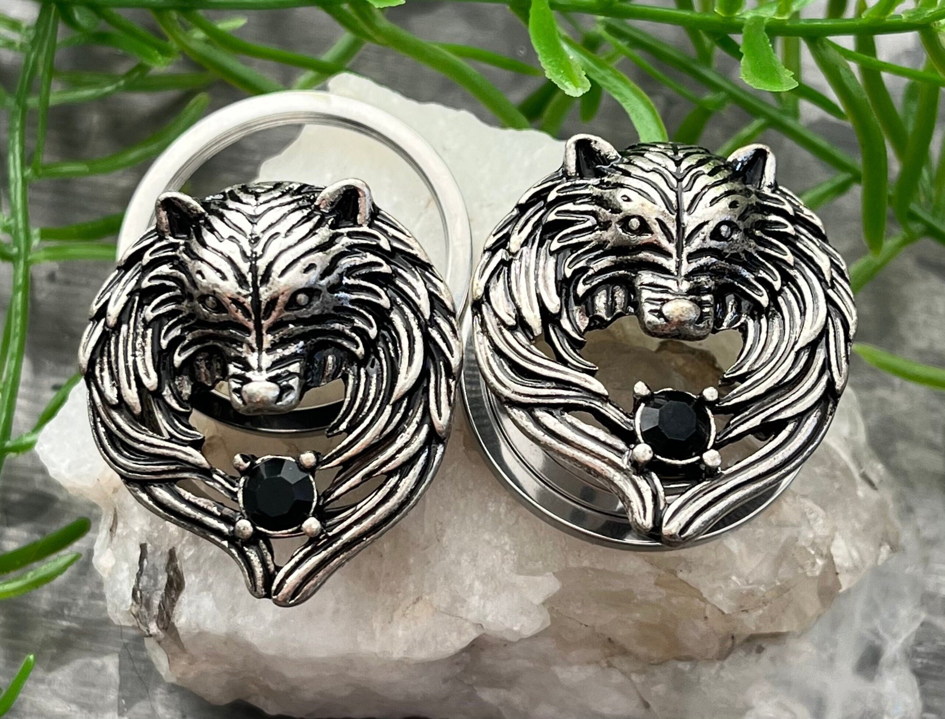 PAIR of Unique Angel Wing Wolf Face Screw Fit Steel with a Black Gem Tunnels/Plugs - Gauges 2g (8mm) thru 1" (25mm) Available!