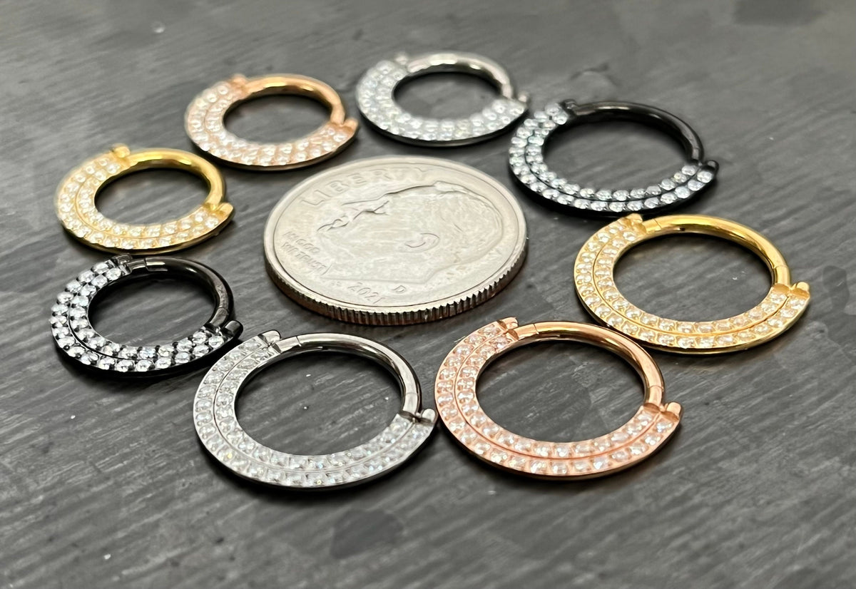 1 Piece Implant Grade Titanium Double Lined CNC Set CZ Gems Septum Ring- Gauge 16g- 8mm or 10mm, Black, Gold, Silver & Rose Gold Available!