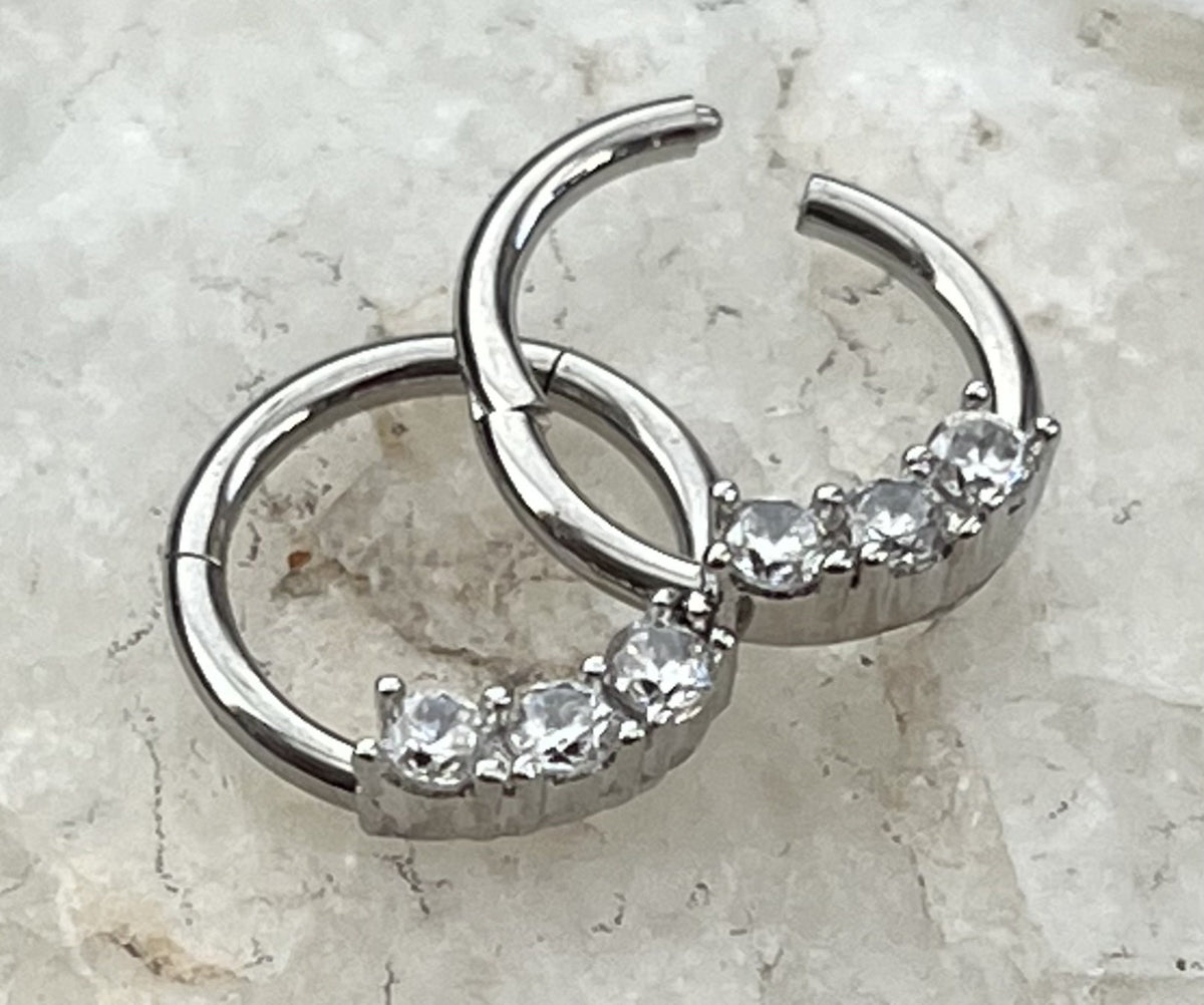 1 Piece Unique Three CZ Gem Stainless Steel Hinged Segment Septum Ring - 16g, 8mm - Steel, Black, Gold, Rose Gold, and Rainbow available!