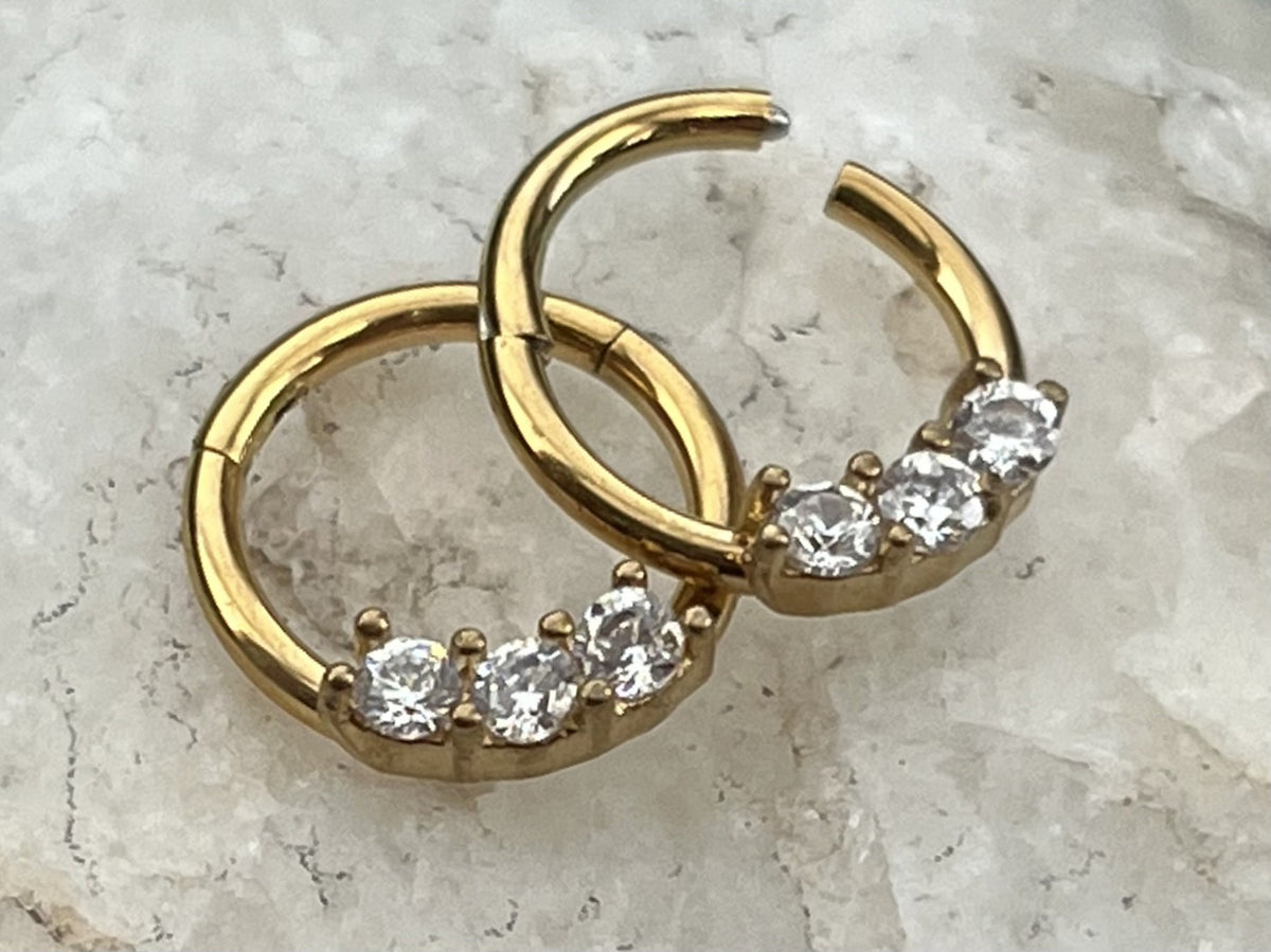 1 Piece Unique Three CZ Gem Stainless Steel Hinged Segment Septum Ring - 16g, 8mm - Steel, Black, Gold, Rose Gold, and Rainbow available!