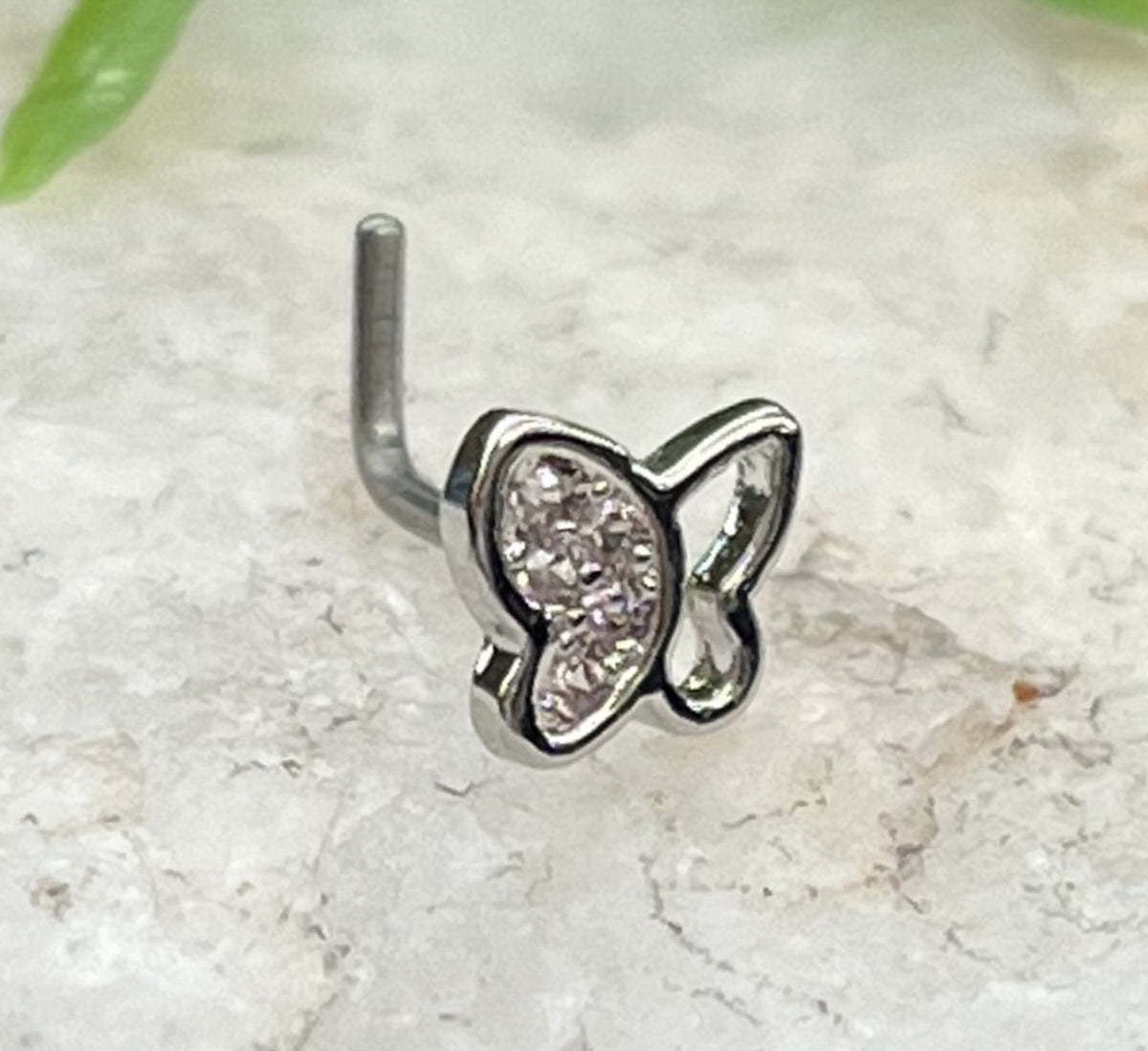 1 Piece Unique CZ Paved Butterfly L-Bend 316L Surgical Steel Nose Ring/Stud - 20g - Steel, Steel/Pink, Gold and Rose Gold Available!