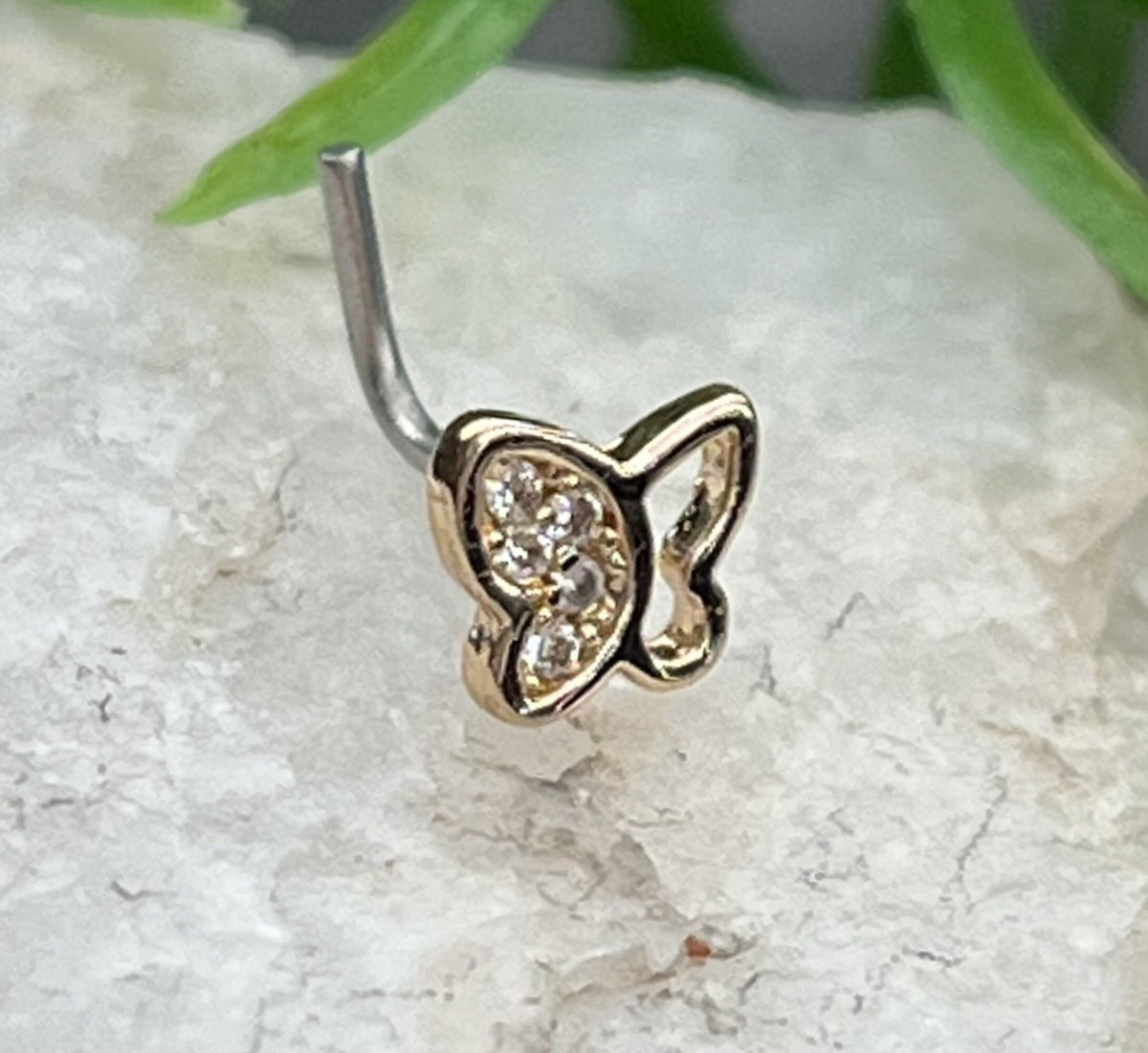 1 Piece Unique CZ Paved Butterfly L-Bend 316L Surgical Steel Nose Ring/Stud - 20g - Steel, Steel/Pink, Gold and Rose Gold Available!