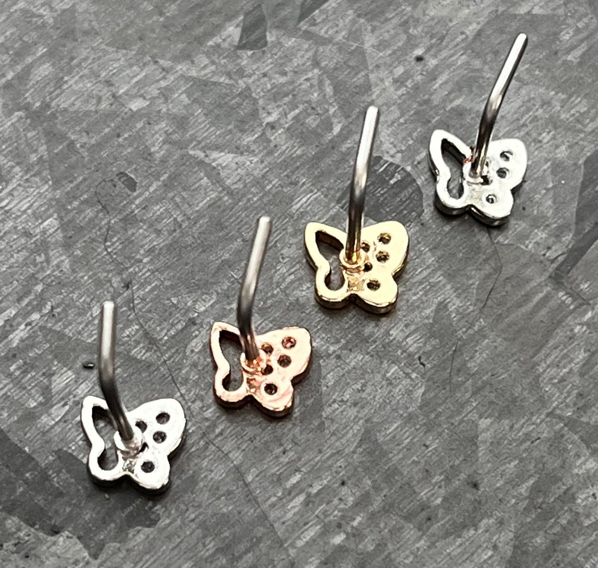 1 Piece Unique CZ Paved Butterfly L-Bend 316L Surgical Steel Nose Ring/Stud - 20g - Steel, Steel/Pink, Gold and Rose Gold Available!