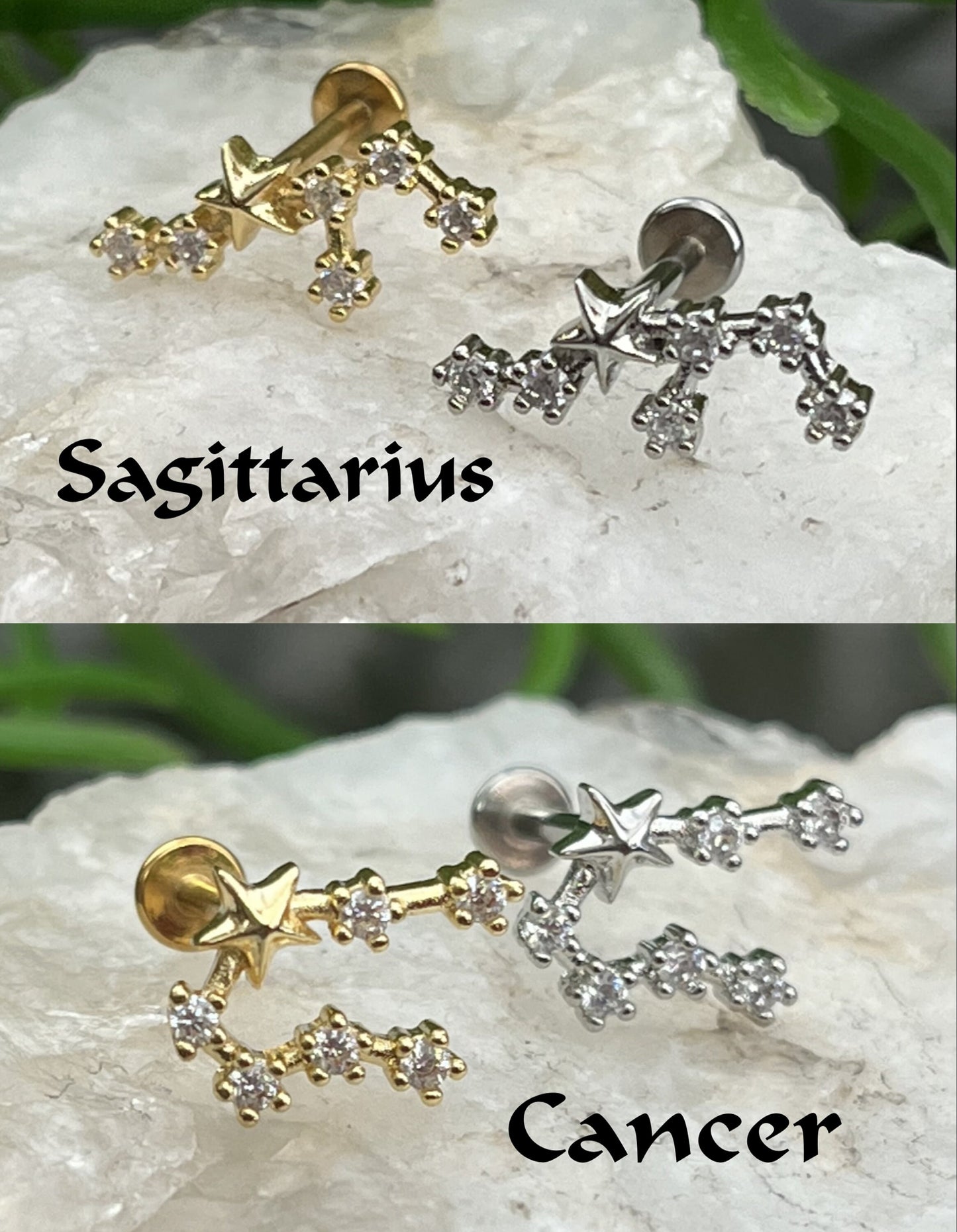 1 Piece Stunning CZ Gem Zodiac Constellation Internally Threaded Labret Monroe Stud -16g- Wearable Diameter 8mm - Gold & Silver Available!