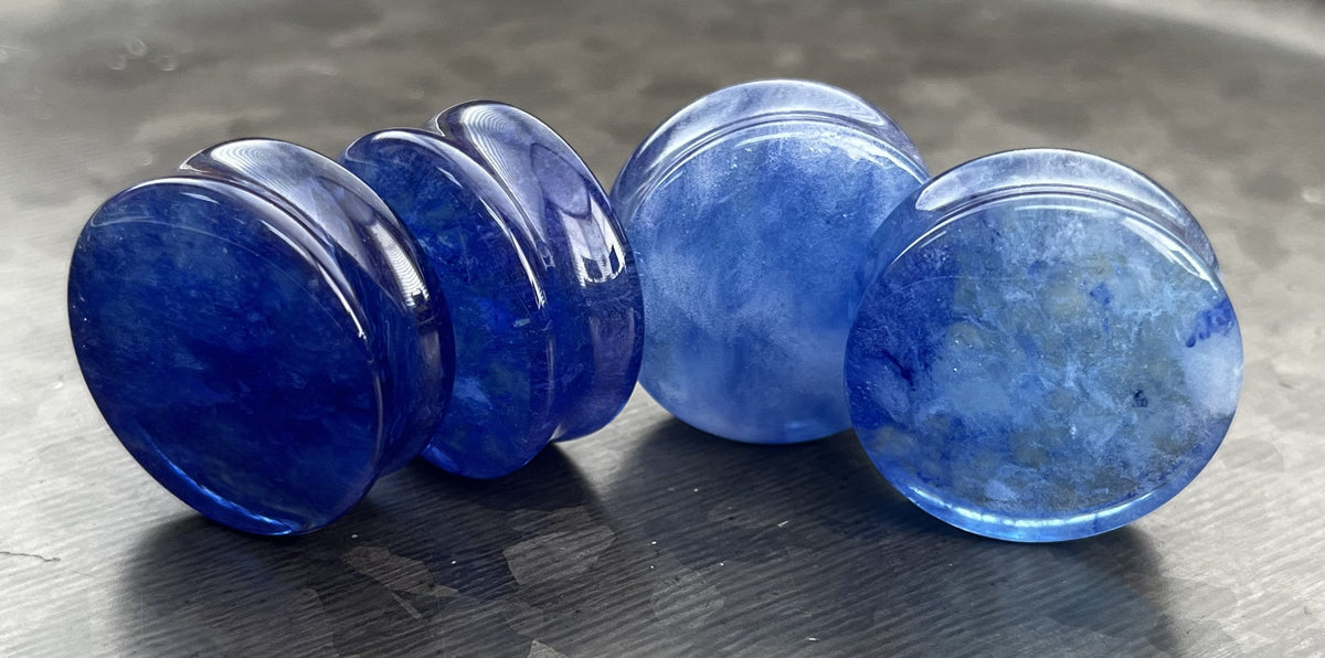 PAIR of Beautiful Vibrant Capri Blue Style Glass Double Flare Glass Plugs - Gauge 2g (6mm) thru 1&1/8" (28mm) Available!