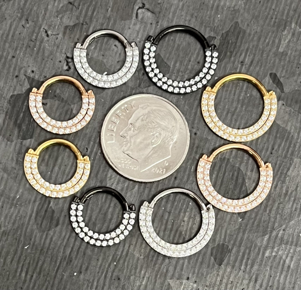 1 Piece Implant Grade Titanium Double Lined CNC Set CZ Gems Septum Ring- Gauge 16g- 8mm or 10mm, Black, Gold, Silver & Rose Gold Available!