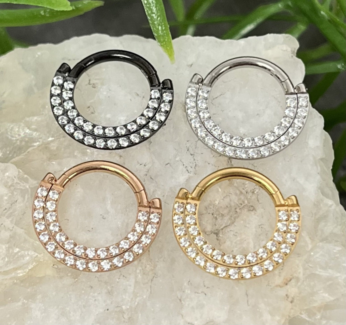 1 Piece Implant Grade Titanium Double Lined CNC Set CZ Gems Septum Ring- Gauge 16g- 8mm or 10mm, Black, Gold, Silver & Rose Gold Available!
