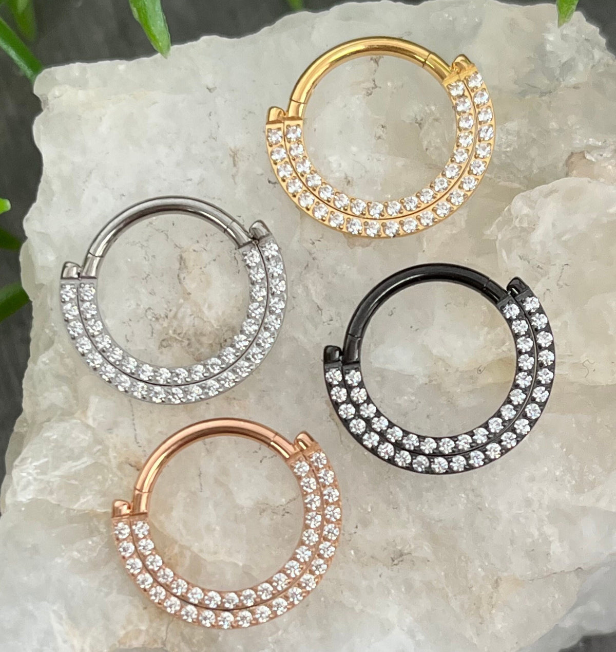 1 Piece Implant Grade Titanium Double Lined CNC Set CZ Gems Septum Ring- Gauge 16g- 8mm or 10mm, Black, Gold, Silver & Rose Gold Available!