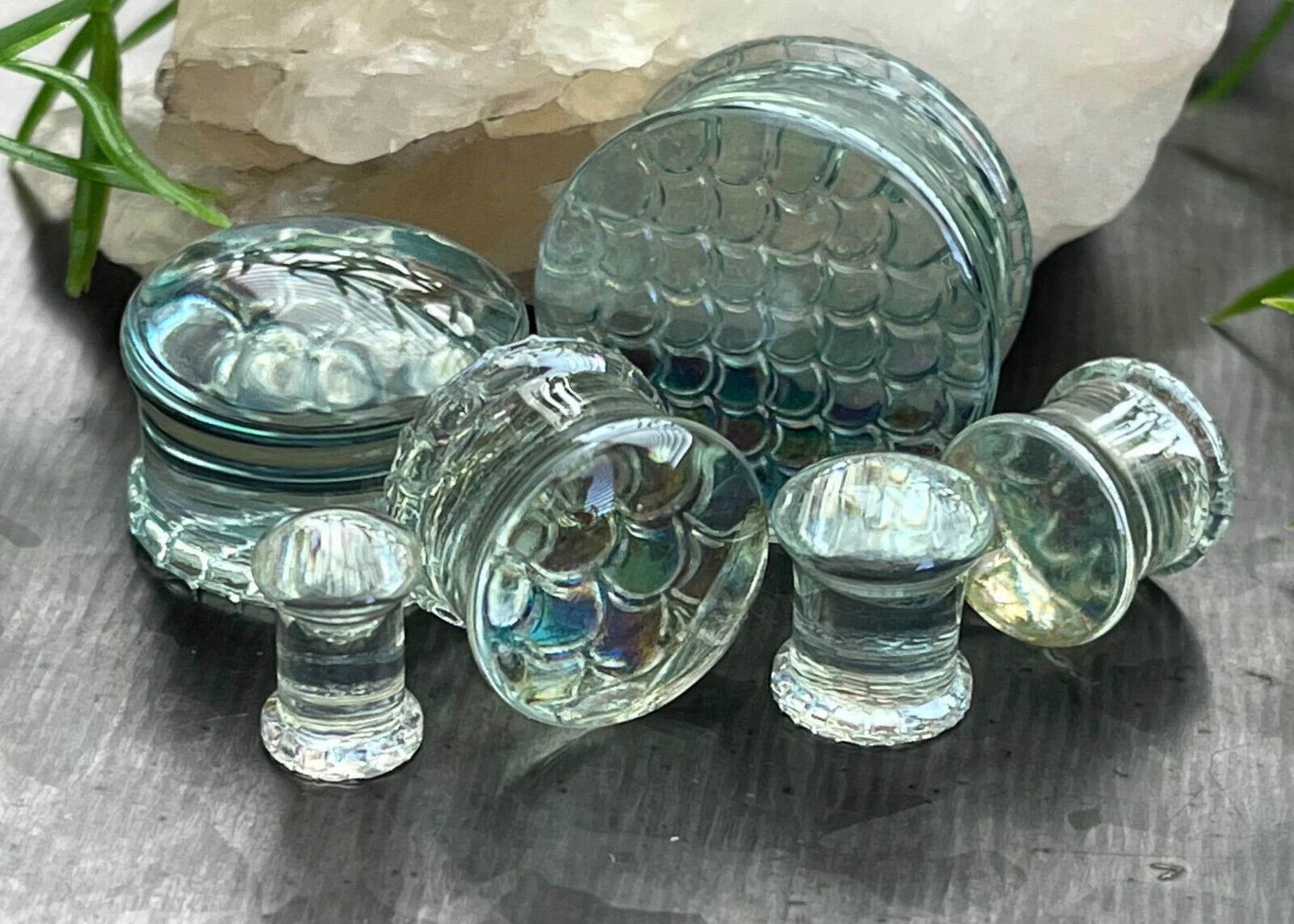 PAIR of Stunning Holographic Dragon / Fish Scale Design Pyrex Glass Plugs - Gauge 2g (6mm) thru 1" (25mm) Available!