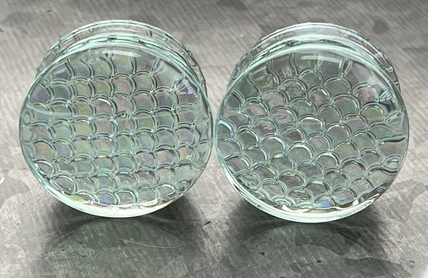 PAIR of Stunning Holographic Dragon / Fish Scale Design Pyrex Glass Plugs - Gauge 2g (6mm) thru 1" (25mm) Available!