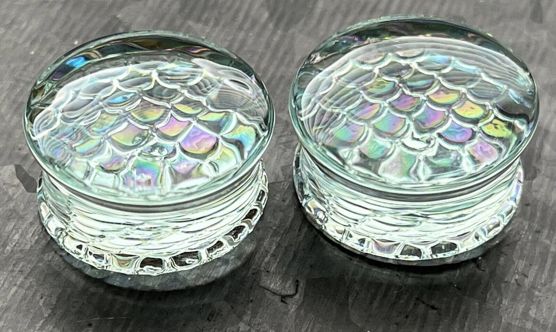 PAIR of Stunning Holographic Dragon / Fish Scale Design Pyrex Glass Plugs - Gauge 2g (6mm) thru 1" (25mm) Available!