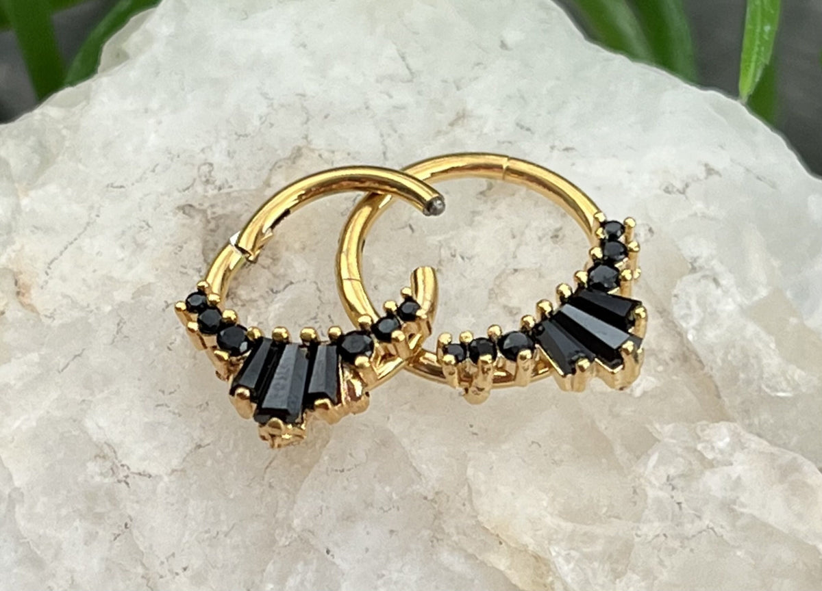 1 Piece Stunning Three Baguette Gems Fan Hinged Segment Septum Ring - 16g - 10mm & 8mm - Gem Color - Clear, Pink, Black Available!
