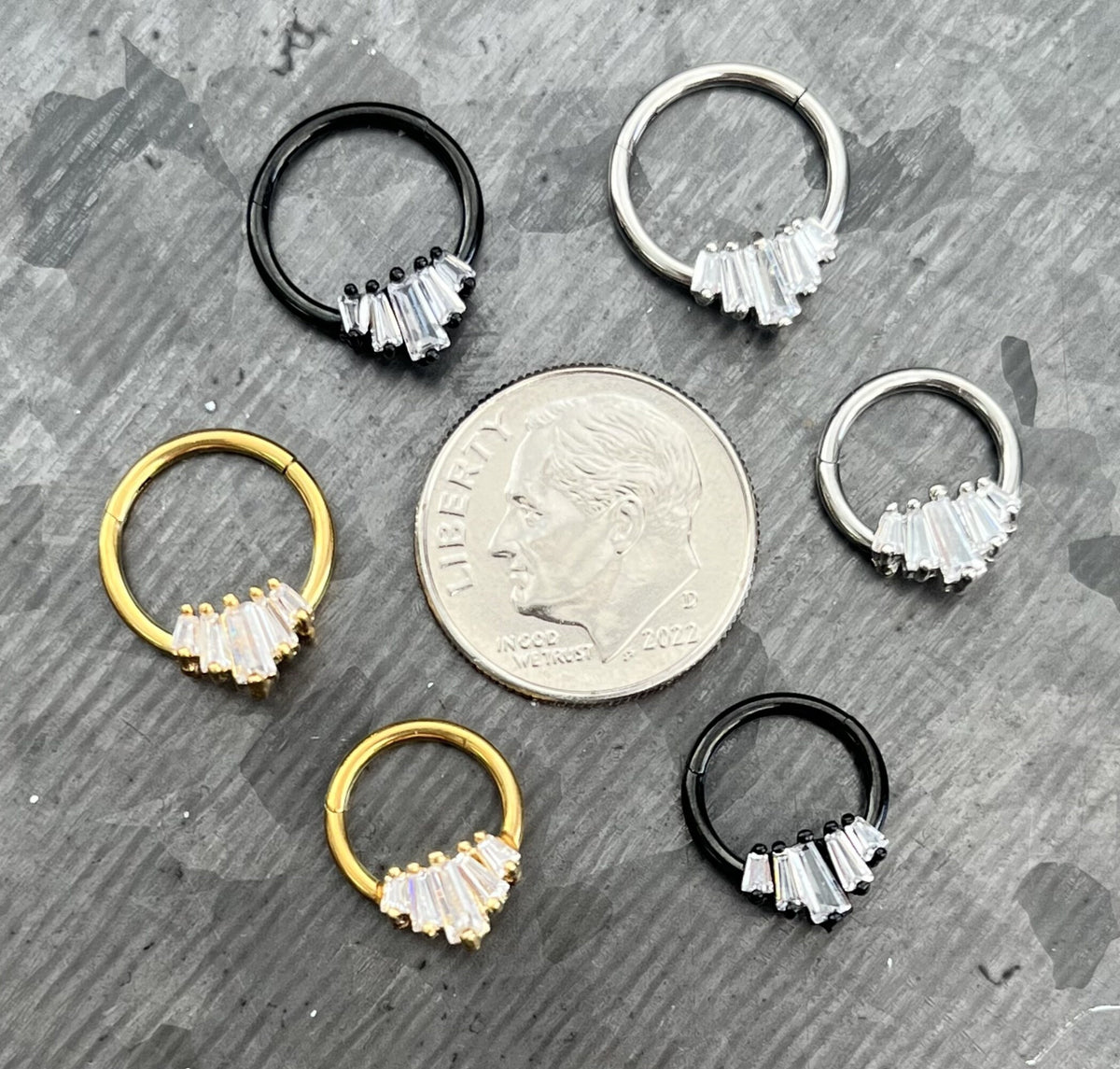1 Piece of Unique Five Baguette Gems Fan Hinged Segment Septum Ring - 10mm & 8mm - Black, Gold and Silver Available!