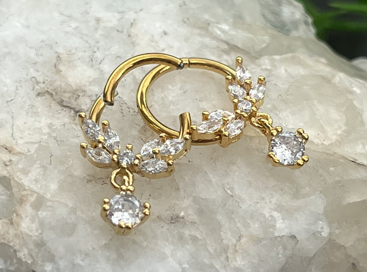 1 Piece of Unique Vine Dangle Gems Fan Hinged Segment Septum Ring - 10mm & 8mm - Gold, Rose Gold and Silver Available!