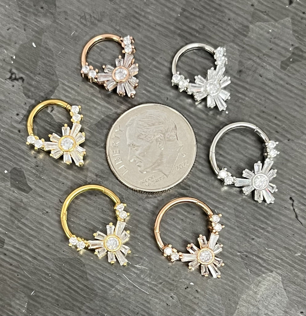 1 Piece of Unique Baguette Gems Flower Hinged Segment Septum Ring - 10mm & 8mm -Silver, Gold and Rose Gold Available!