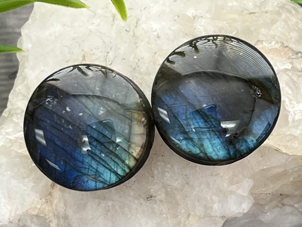 PAIR of Stunning AAA Grade Labradorite Organic Natural Stone Double Flare Plugs/Tunnels - Gauges 2g (6mm) up to 3/4" (19mm) available!