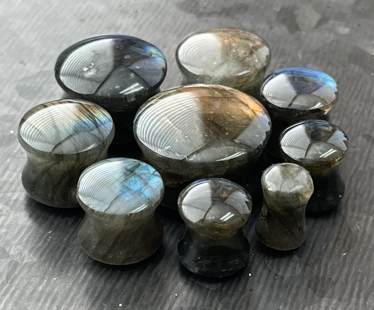 PAIR of Stunning AAA Grade Labradorite Organic Natural Stone Double Flare Plugs/Tunnels - Gauges 2g (6mm) up to 3/4" (19mm) available!