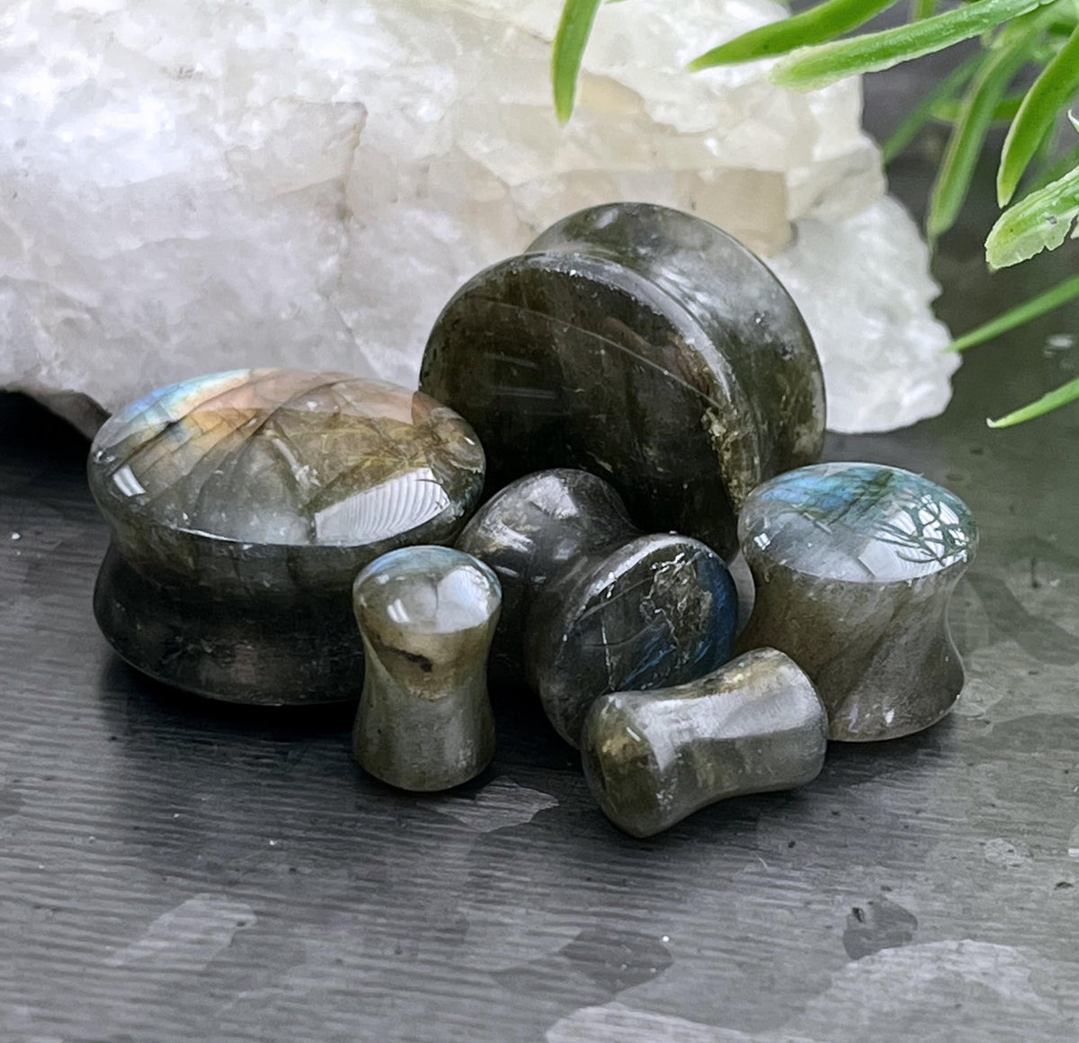 PAIR of Stunning AAA Grade Labradorite Organic Natural Stone Double Flare Plugs/Tunnels - Gauges 2g (6mm) up to 3/4" (19mm) available!