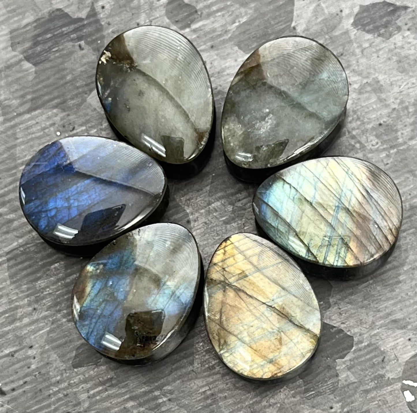 PAIR of Beautiful AAA Grade Labradorite Teardrop Natural Stone Double Flare Plugs/Tunnels - Gauges 2g (6mm) up to 3/4" (19mm) available!