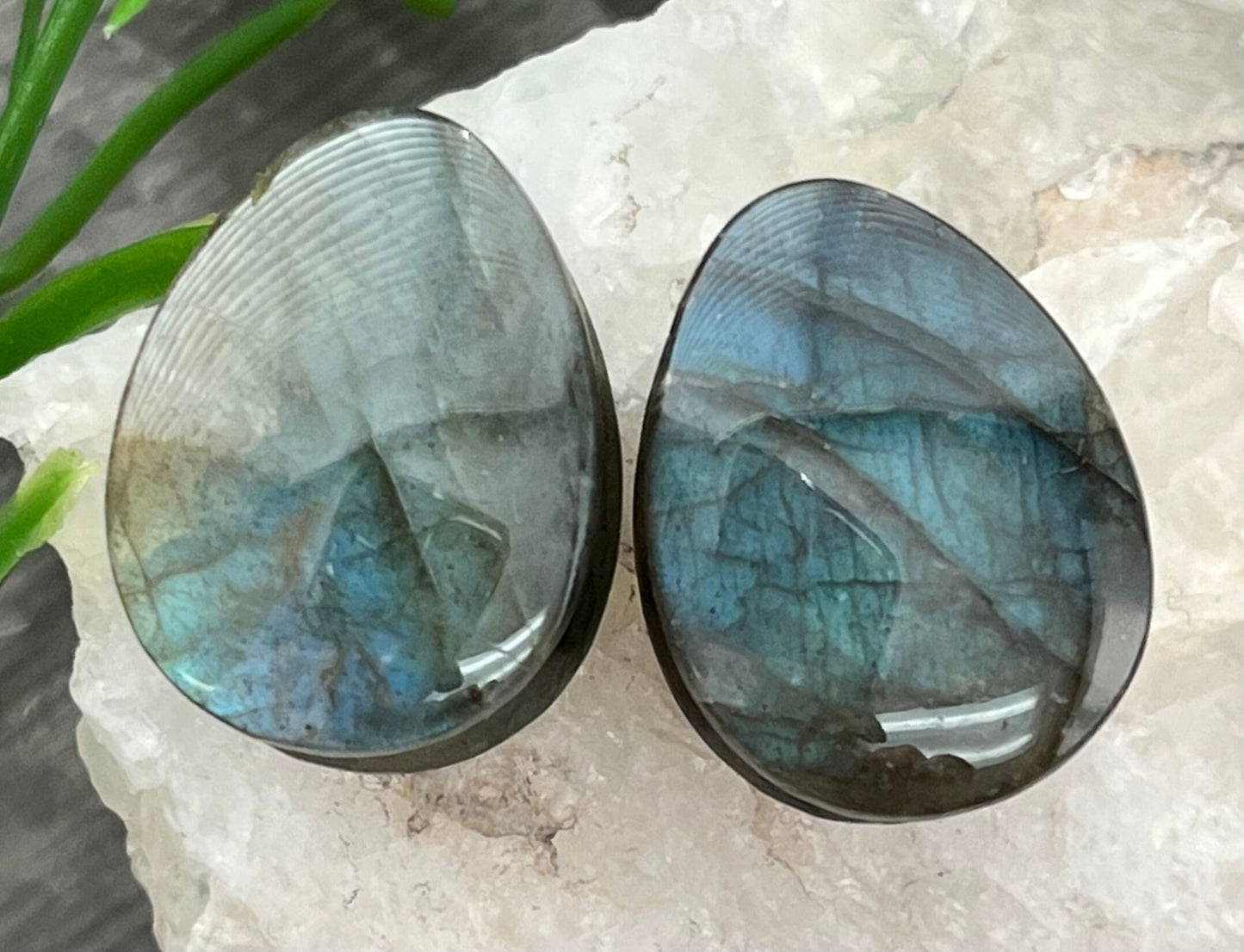 PAIR of Beautiful AAA Grade Labradorite Teardrop Natural Stone Double Flare Plugs/Tunnels - Gauges 2g (6mm) up to 3/4" (19mm) available!